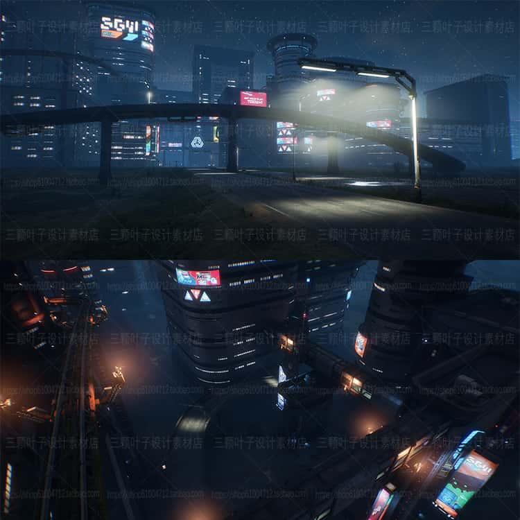 UE4赛博朋克城市3D资源 科幻建筑城际高铁广告牌 场景CG素材8931