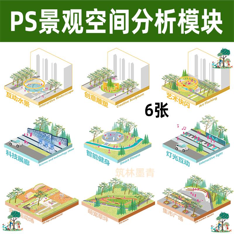 小清新公园广场园林景观竞赛风插画ps空间模块分析图psd分层素材