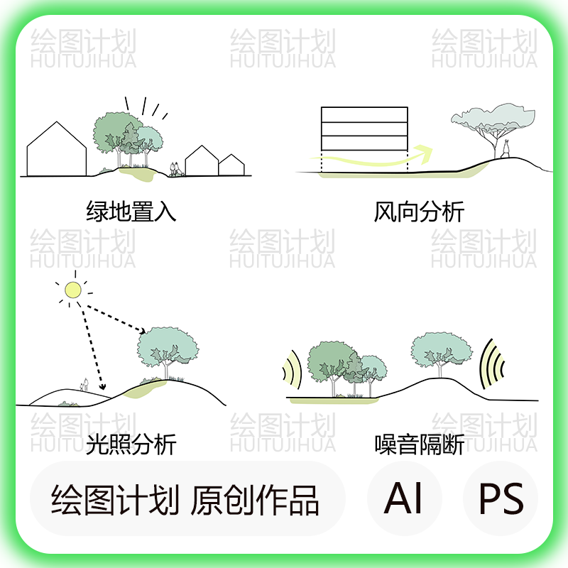 设计理念ai分析图素材psd 建筑形体生成光照风向 景观植物配置