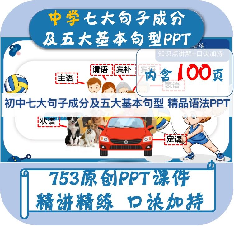 753原创PPT语法七大句子成分及五大基本句型精品语法PPT共1个课件