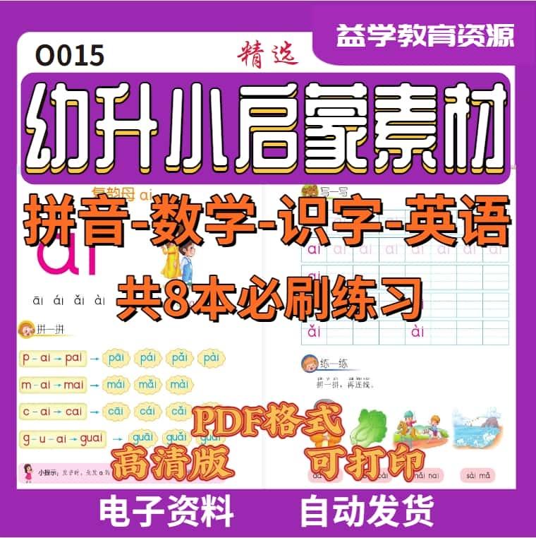 O015幼儿园升小学启蒙素材8本数学识字英语拼音PDF格式电子版