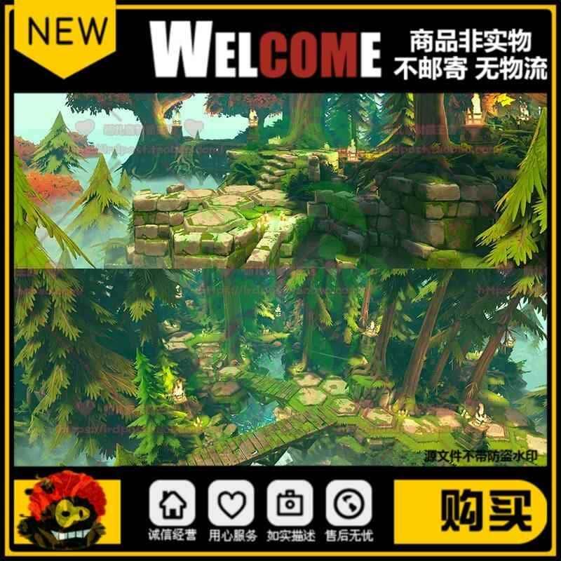 Unity3d卡通风格化森林关卡资源包 花草树木河流桥石头场景3D模型